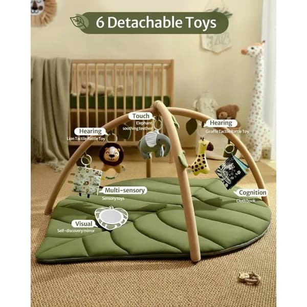 Babygym og aktivitetsmatte-sett, overdimensjonert bladform, avtakbare leker, motorisk og sensorisk utvikling