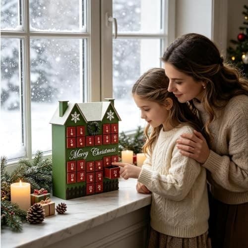Nedtellingkalender i tre til jul, 24-dagers adventsboks i husform, rød, borddekorasjon