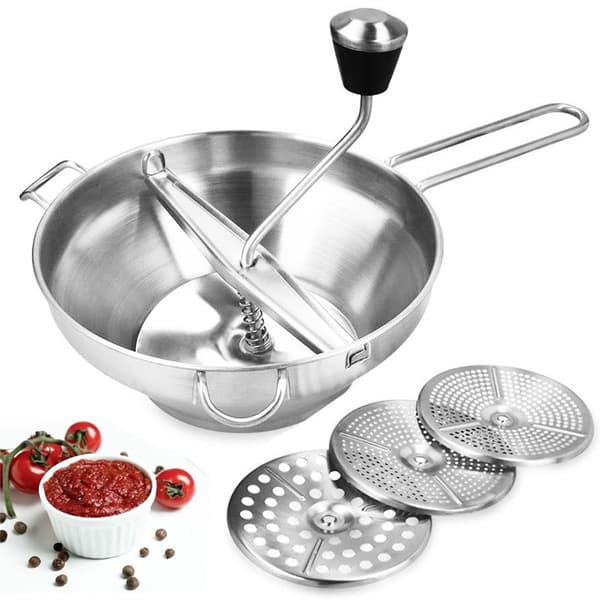 24 cm manuel madmølle, rustfrit stål, sort, 3 udskiftelige skiver til tomatsauce, æblemos