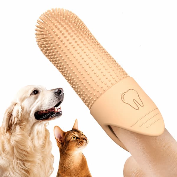 Silikone fingertandbørste til hunde og katte, 360° kæledyrstandbørste, gul, blød, skånsom