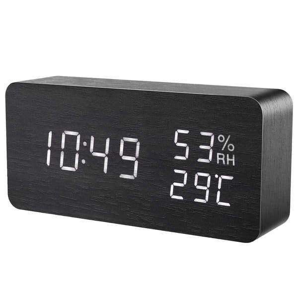 Digital LED väckarklocka, svart, 1502, med temperatur och datum, träfinish