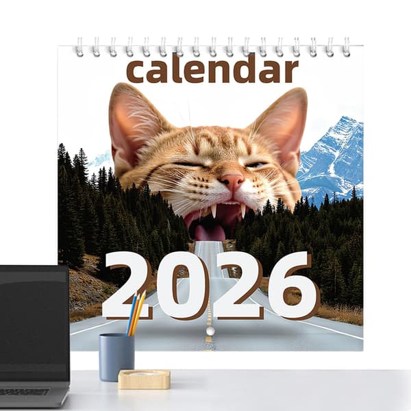 Skrivebordskalender for katteelskere 2026, månedlig påminnelse om helligdager, vertikalt design, hjemmeklasserom
