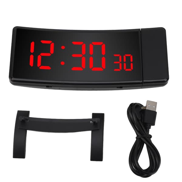 Projektionsväckarklocka med 2 USB-portar, böjd LED-display, digital projektor för sovrum och kontor