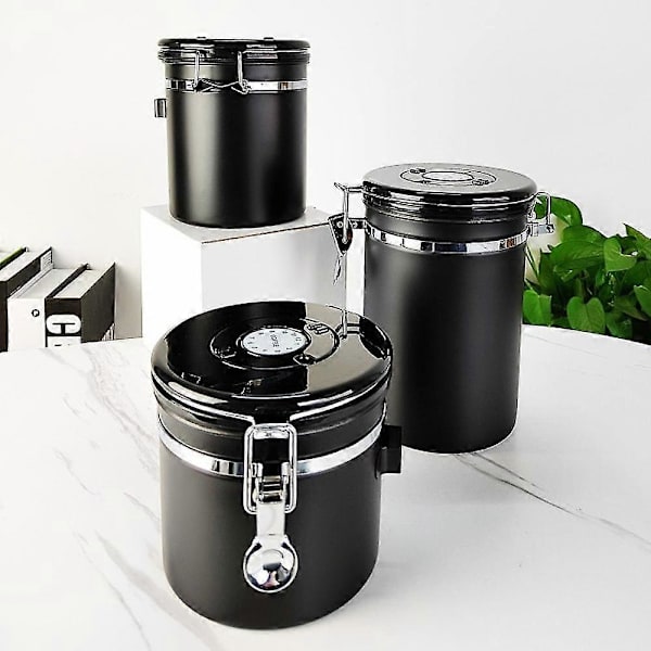 Kaffedåse i rustfrit stål med CO2-ventil, datatracker og ske - 1200 ml lufttæt - Sort