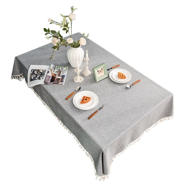Vattentät Oljetät Duk med Tofsar, Rektangulär Grå, Dekorativ Bordsduk i Bomullslinne 110x160cm