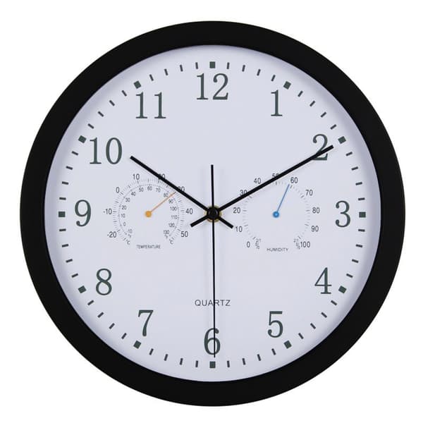 Veggklokke med termometer og hygrometer, 30 cm, stillegående, svart