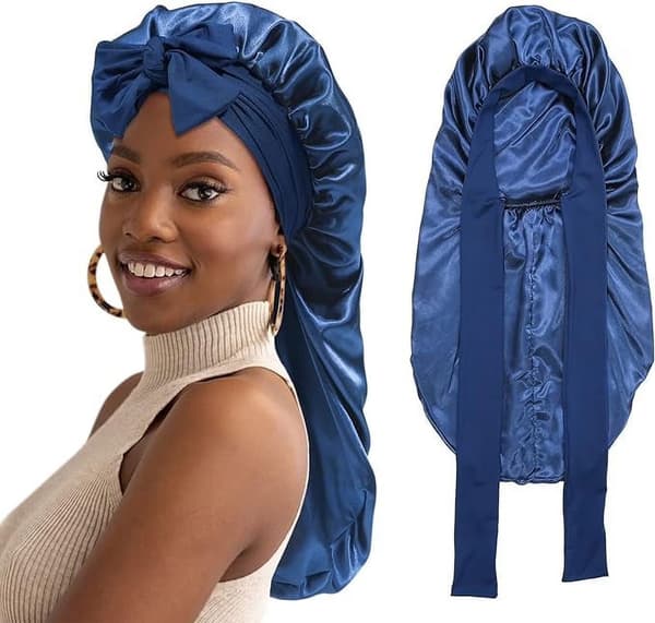 Lang Satin Bonnet til Kvinder - Dobbeltlags Elastisk Silke Hår Sovehætte med Bindebånd
