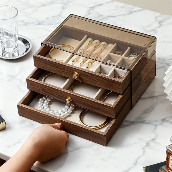 Smyckesförvaringslåda i valnötsträ 3-i-1, multifunktionell lådtyp i massivt trä, dammtät Walnut 5-Layer Model B