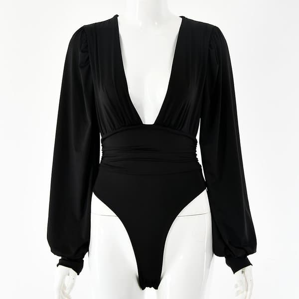 Dame Deep V-formet midje plissert kjole i ett stykke BLACK M