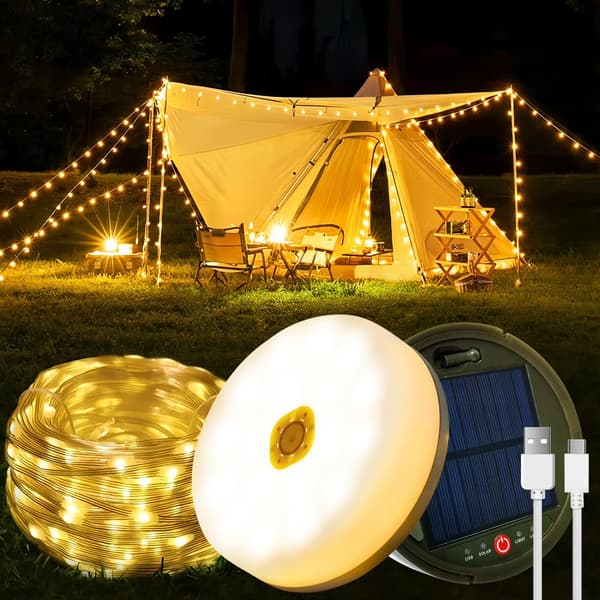 10m solcellelyslenke, 100 LED, USB-lading, brukt til camping, hager og gårdsplasser.