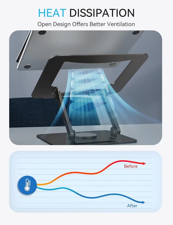 360° Roterende Laptopstander, Ergonomisk Metal Computer Riser, Justerbar Højde, Sammenklappelig, Ventileret, til 10-15.6\" Laptops - Sort
