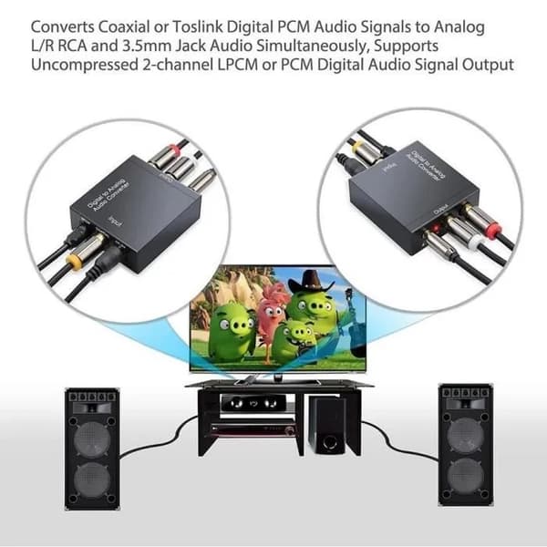 Digital lydkonverterer, 3,5 mm Toslink koaksial til analog RCA, DC 5V