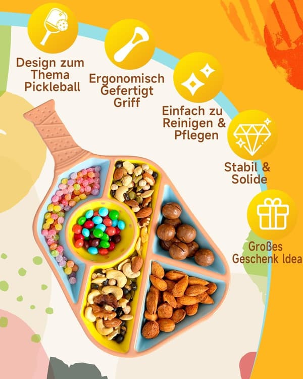 Pickleball Snackserveringsbakke, Keramisk Bat-formet Tallerken med 5 Rum og Dipskål, Blå, Gave til Fans