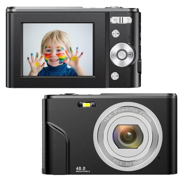 Digitalkamera 48MP 1080P HD 16x Zoom, Kompakt Peg-og-Skyd til Begyndere, Sort