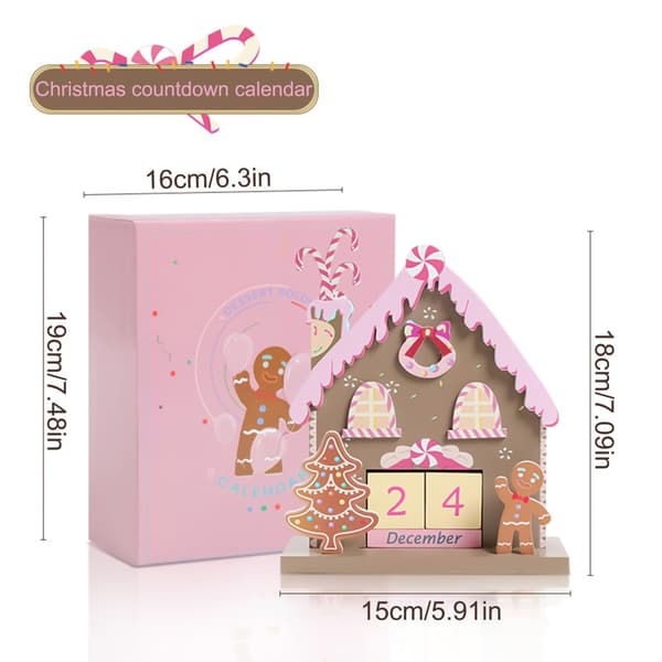 Skrivebordskalender i tre med pepperkake, julekalenderdekorasjon, 7,09x5,91x2,56 tommer