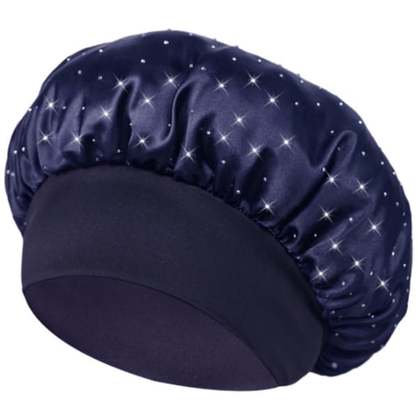 Satin sovmössa med strass, marinblå, mjuk polyester, anti-friss hårbonnet
