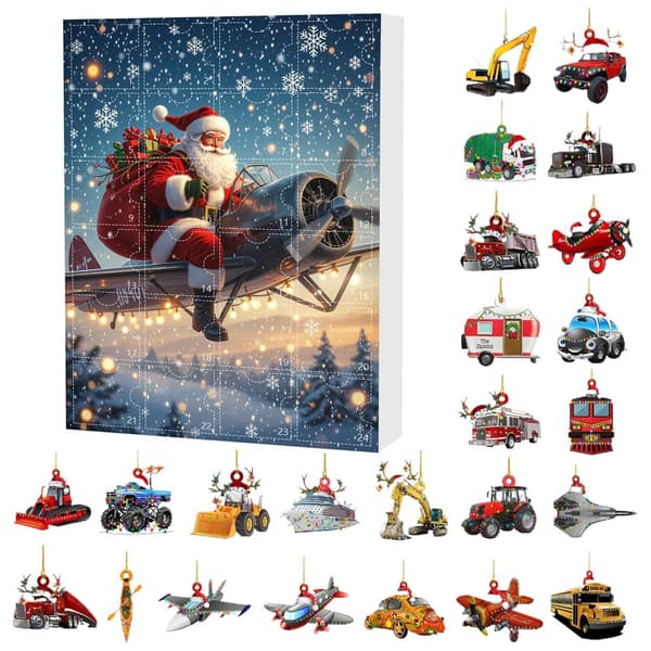 Julkalender 2025, 24-dagars nedräkning med tomtefordon, akryl, stil A