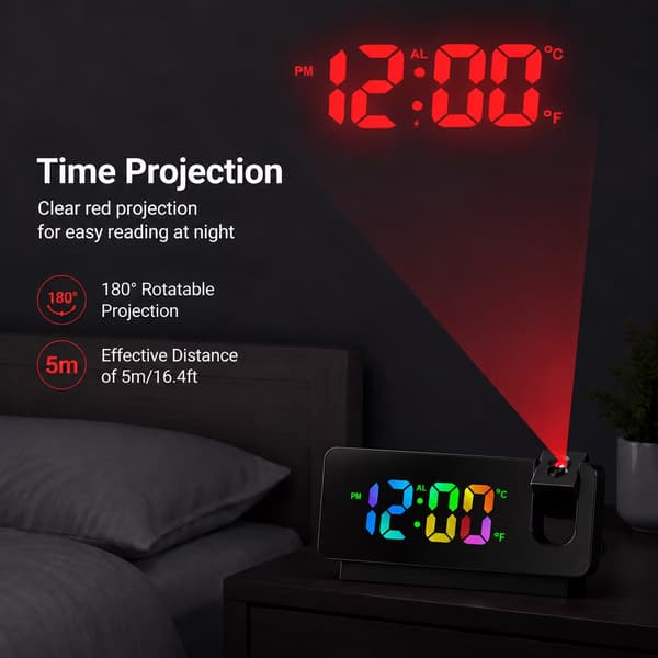 Digital RGB-projektionsväckarklocka, 180° roterbar projektor, LED-klocka för sovrumstak