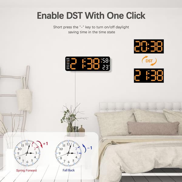 Digital väckarklocka 9,5\" stor LED-display, minnesbackup, hem, orange