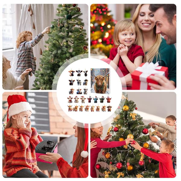 Julkalender med skotsk höglandsboskap, 24-dagars nedräkning, 2D akrylornament, Stil A