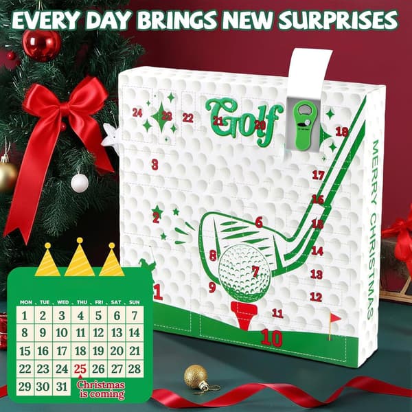 Golfadventskalender 2025, 24-dagars julnedräkning, present med golftillbehör