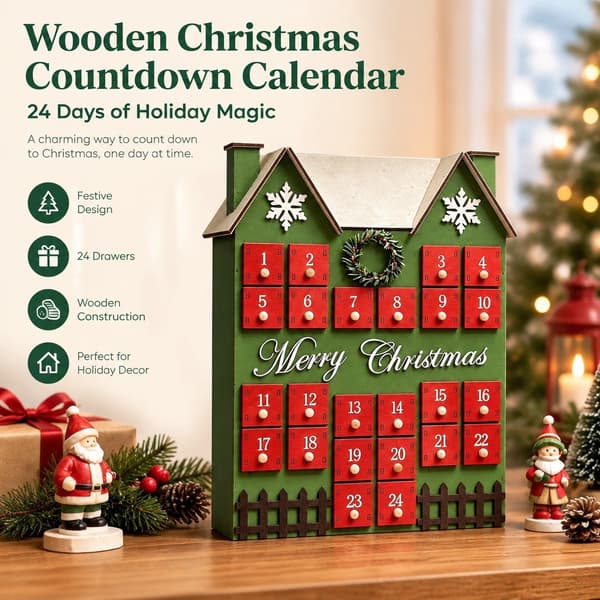 Nedtellingkalender i tre til jul, 24-dagers adventsboks i husform, rød, borddekorasjon