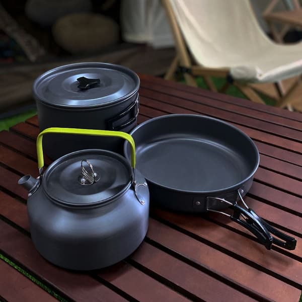Campingkogesæt til 2, Mørkegrå, Aluminium Mess Kit, Bærbart til Vandreture og Picnic