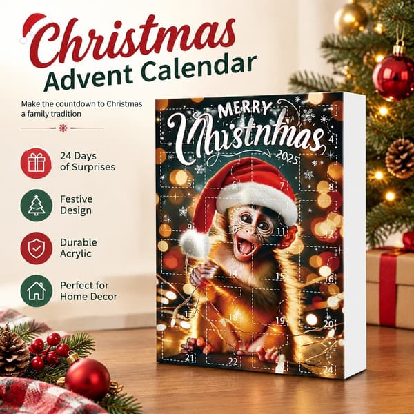 Adventskalender i akryl med juletrepynt, apetre, 2D, 2025, stil E
