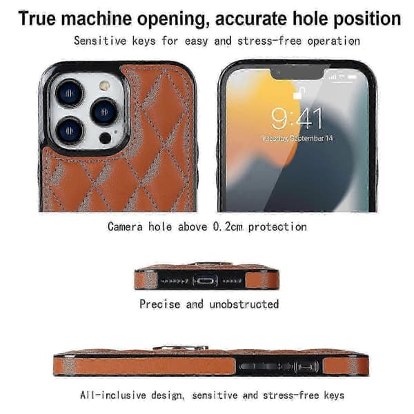 PU Läder+TPU Telefonfodral för iPhone 13 Pro Max, Sydd Romber Ringhållare Ställ Telefonöverdrag Brown