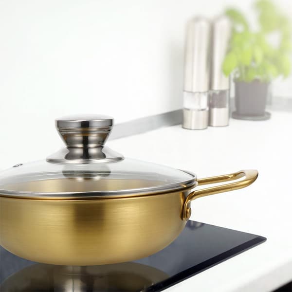 Rustfrit Stål Nudelgryde 20cm Mellemstor Gryde med Låg af Hærdet Glas, Guldfinish