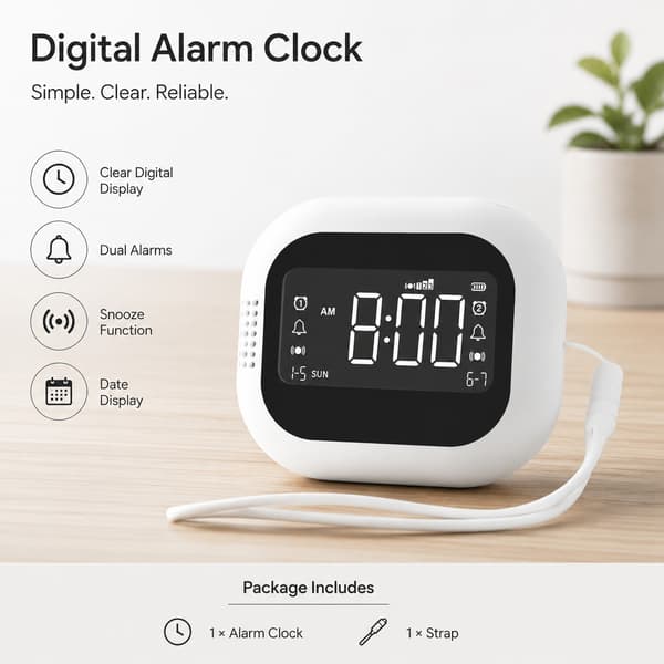 Vibrerande väckarklocka, vit, dubbla larm, 3 lägen, justerbar vibrationsintensitet, USB-C