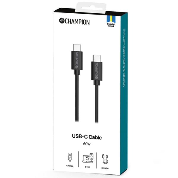USB-C-kaapeli 60W 3m musta, USB 2.0 pikalatauksen synkronointikaapeli