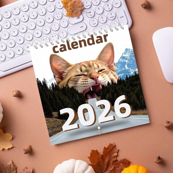 Skrivebordskalender for katteelskere 2026, månedlig påminnelse om helligdager, vertikalt design, hjemmeklasserom