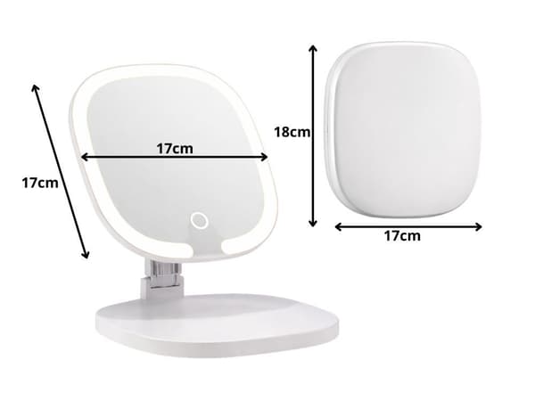 LED sminkespeil med USB, sammenleggbart, 3 lysfarger, justerbar høyde, oppladbart