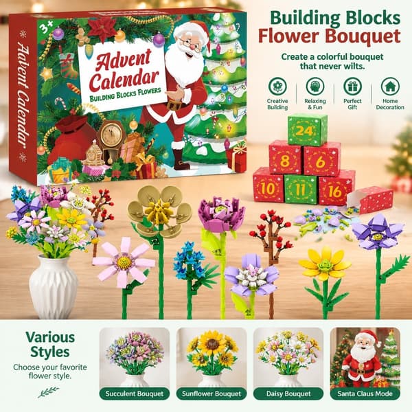 Juleblomstbuket Byggeklodser Blind Box, Sukkulentbuket, Nedtællingsgave
