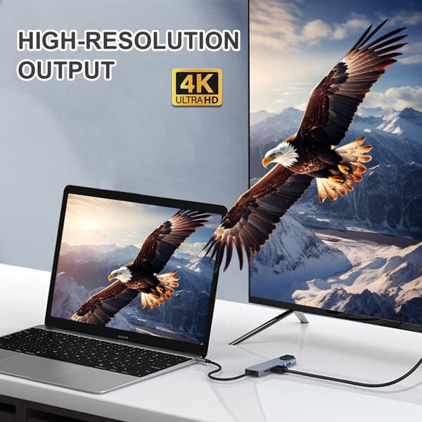 USB-C-moniporttisovitin, harmaa, USB-A USB-C HDMI RJ45, 4K, alumiini