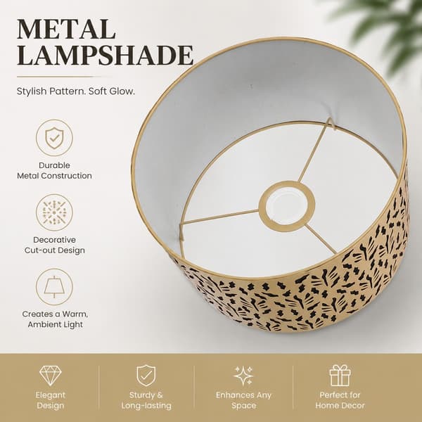 Metaltromle lampeskærm, E27 E14, 25 cm, udskåret, vandgræsblade mønster, gul med sort foring