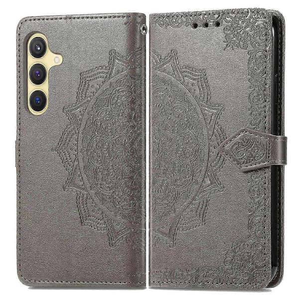 Wallet Case til Samsung Galaxy S25 Mandala Blomst Læder Telefon Cover Stativ - Sort Grey
