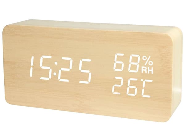 Digital vekkerklokke med LED-skjerm og termometer, trefinish, lydaktivert, USB