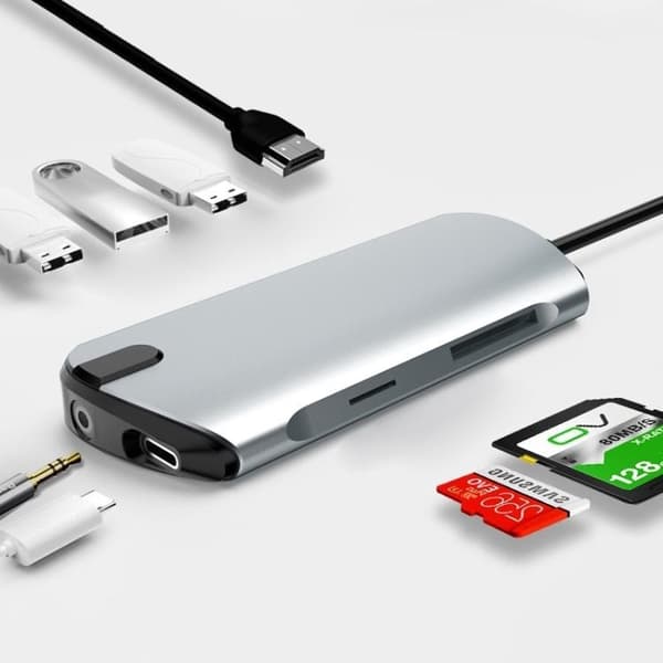 USB-C Hub 3.0 med HDMI, SD/TF-kortlæser, 3 USB-porte, AUX, til Macbook