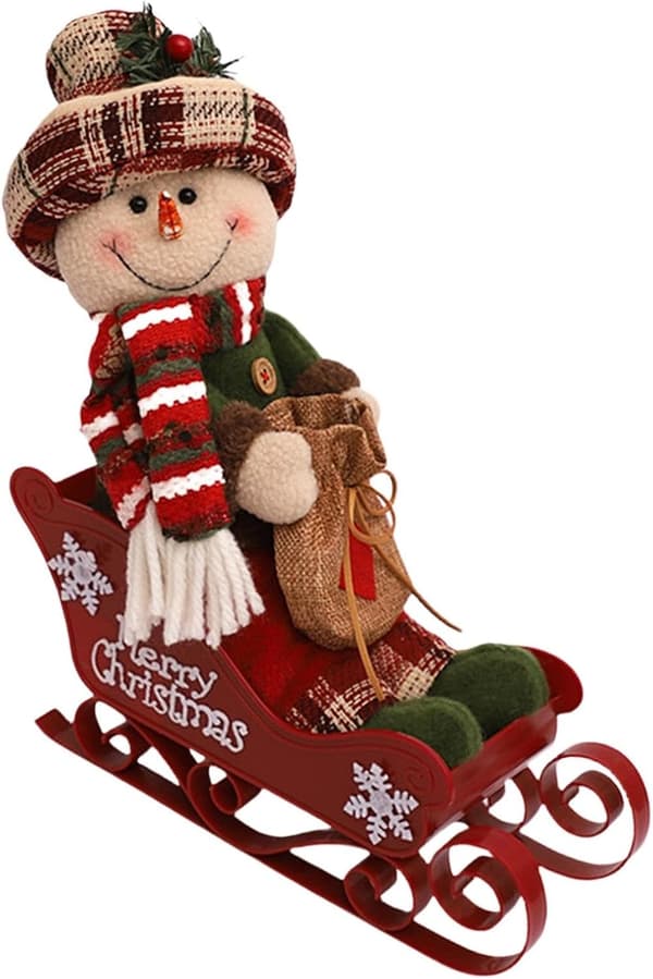 Julebordpynt med julemand og elg i kane, festlig julepynt til stuen Snowman