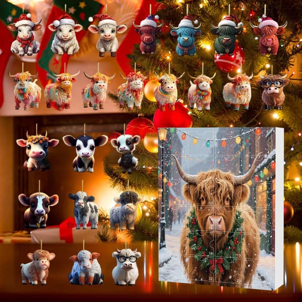 Julkalender med skotsk höglandsboskap, 24-dagars nedräkning, 2D akrylornament, Stil A