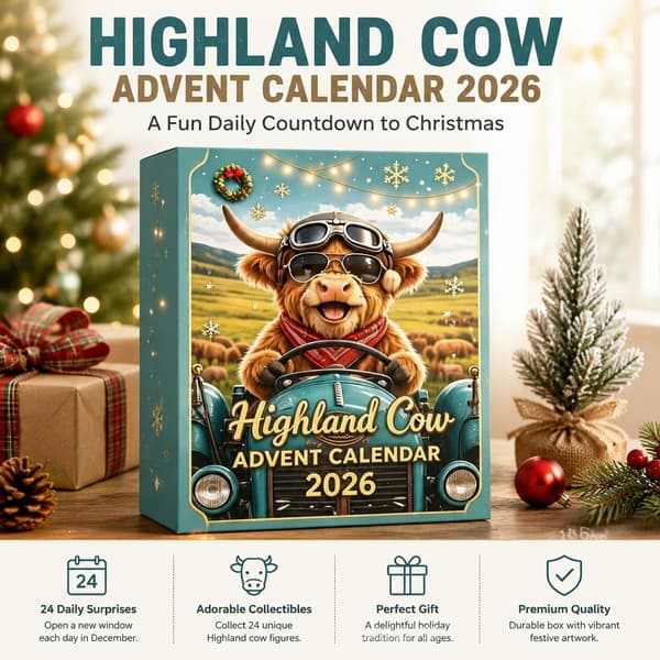 Højlandskvæg Julekalender 2026, Jule-nedtællings-blindboks, PVC-pynt Highland cattle sled model