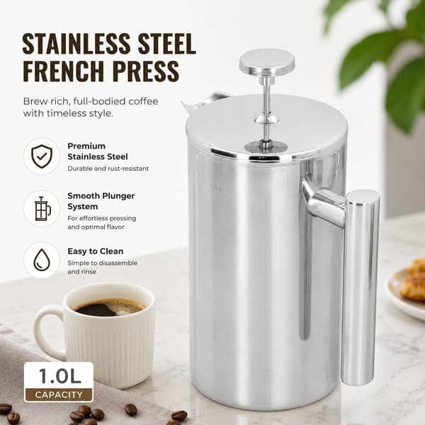 Kaffepresse i rustfrit stål, 1000 ml, dobbeltlag, håndbrygget kaffekedel