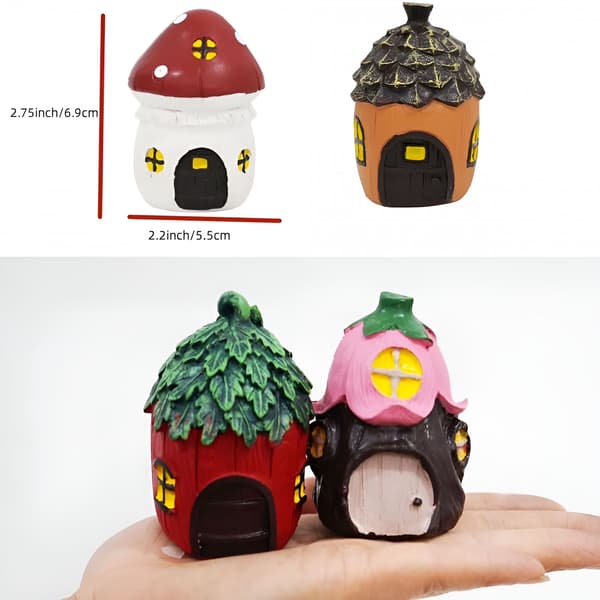 Mini svampehus fehave statuer, harpiksfigurer, 4 stk., udendørs terrassegårdindretning