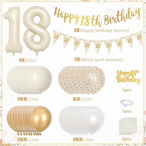 Boho Hvit Sand Gull 18-årsdag Dekorasjonssett - Banner, Ballonger, Flagg for Jenter Gutter Fest