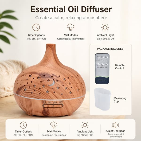 Bordluftfugter 400 ml, LED-natlys, lydløs automatisk slukning, fjernbetjening, aromaterapi-diffuser til soveværelse og kontor