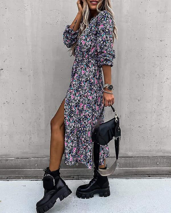 Blomstrete kjole med V-hals og splitt for damer BLUE XS