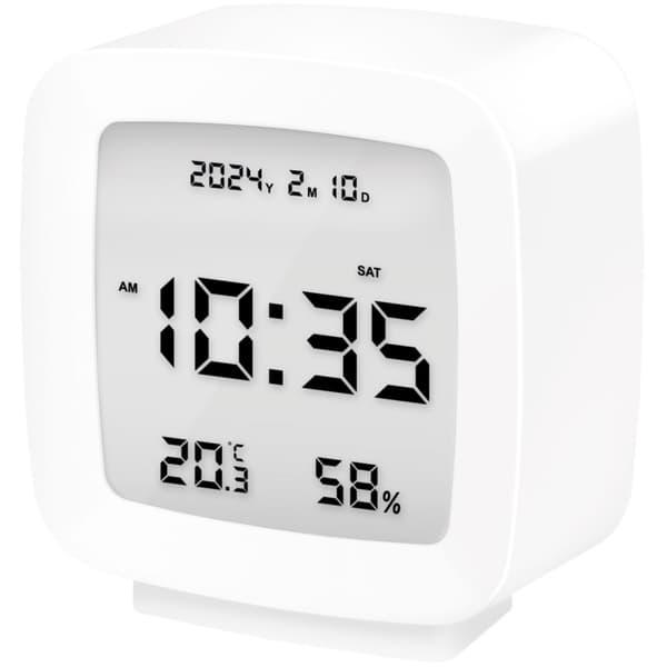 Digital vekkerklokke med dato, temperatur, fuktighet, slumrefunksjon, hvit