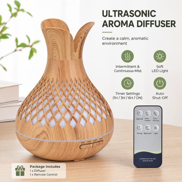 Aromaterapi Luftfugter 500ml, Trækorns Diffuser, Lav Støj, Farverige LED Lys, 100-240V
